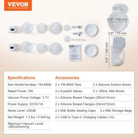 VEVOR BreastPump, Wearable Electric Breast Pumps Hands Free, 4 Mode  12 Levels, 300mmHg Strong Suction, Ultra-Quiet Rechargeable Portable Breastf (Color: White)