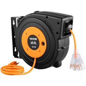 VEVOR Retractable Extension Reel, Heavy Duty 12AWG 3C SJTOW Power Cord 45 FT 12AWG, Black (Color: Black)