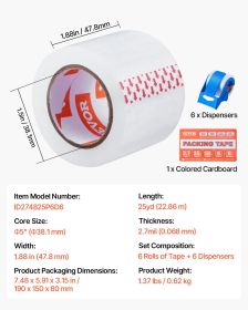 Clear Packing Tape 6 Rolls 25 Yards Clear Shipping Tape With Dispenser 2.7 Mil (Option: 25Yards 6Rolls)