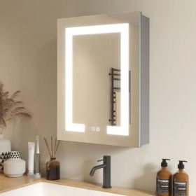 LED Bathroom Wall Medicine Cabinet Mirror Lighted Mirror With Storage Recessed Or Surface Dimmable 3 Colors Temperature Anti-Fog Adjustable Shelf (Color: Silver)