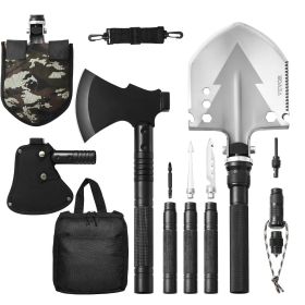 Survival Shovel Survival Axe 16-in-1 Camping Folding Shovels With Hatchet (Color: Black)