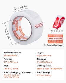 Clear Packing Tape 6 Rolls 65 Yards Clear Shipping Tape With Dispenser 2.7 Mil (Option: 65Yards 6Rolls)